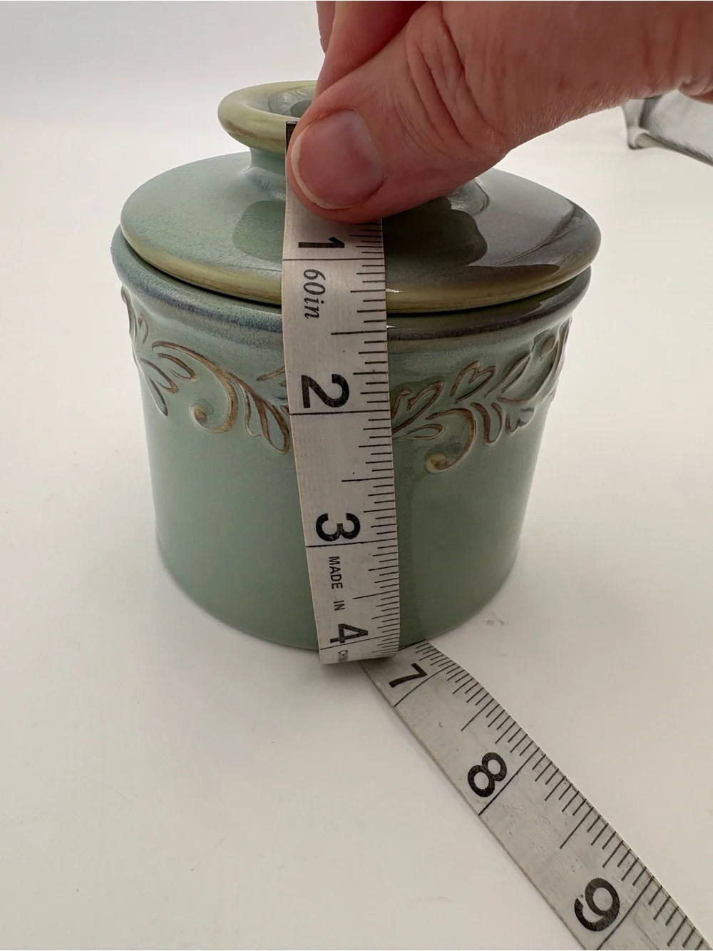 Green Ceramic Butter Bell Crock with Decorative Scroll Band